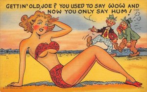 Gettin' Old Joe? Bathing Beauty Risque Comic Bikini ca 1940s Vintage Postcard