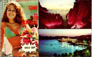 Come to Acapulco Mexico Postcard Multi View Bikini Girl Cliffs Cruise Ship UNP