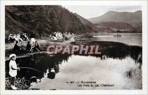 Old Postcard Auvergne The shores of Lake Chambon Children Fishing Fisherman