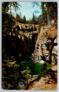 Maligne Canyon Jasper National Park AB, 1958 Postcard, Swim Safely Slogan Cancel