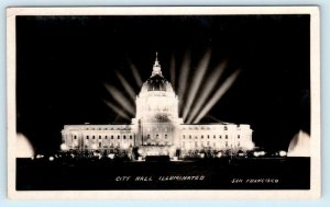 RPPC SAN FRANCISCO, California CA ~ Night Illuminated CITY HALL c1920s Postcard
