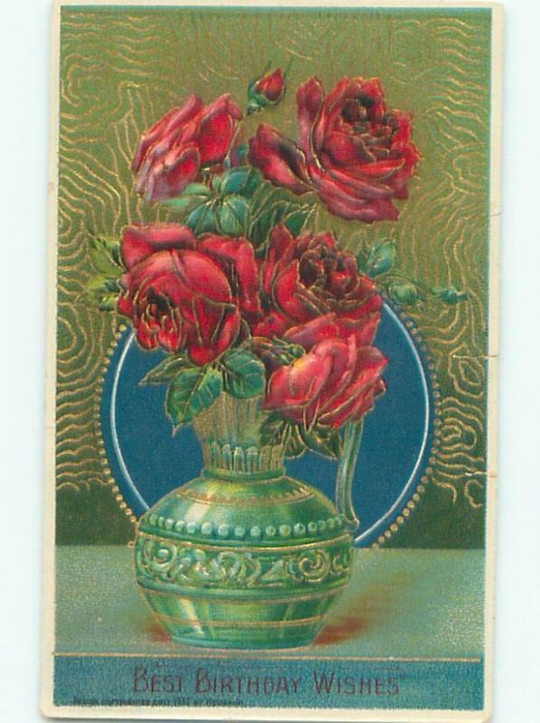 c1910 Beautiful Large RED ROSE FLOWERS IN ANTIQUE VASE AC5106