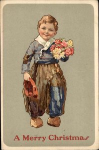 Christmas Cute Kids Adorable Little Dutch Boy with Flowers c1910 Postcard