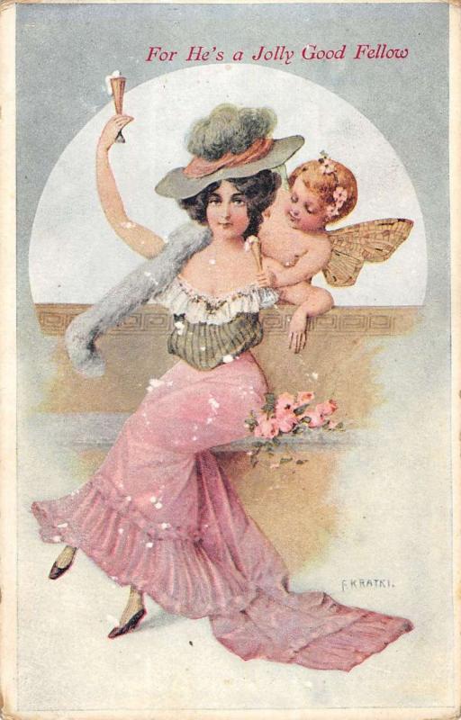 F Kratki Artist Signed Woman Cupid Angel Good Fellow Antique Postcard K24674