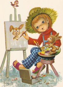 Little girl painting her pet Modern Spanish, artist signed, postcard