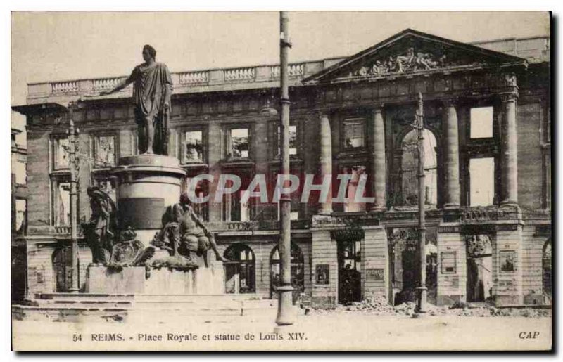 Old Postcard Reims Place Royale And Statue Of Louis XIV Army