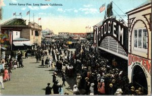 Silver Spray Pier, Crowds at Dodg'em Long Beach CA Vintage Postcard H54