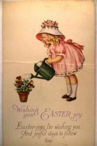 1929 Girl With Watering Can & Flowers - Cute Easter Postcard y4428