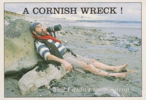 A Cornish Wreck Drunk Holiday Maker On Rocks Comic Postcard