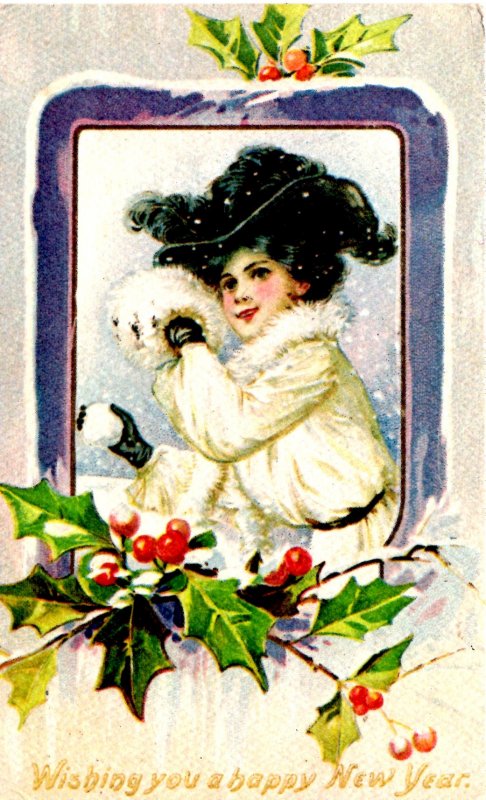 Wishing you a Happy New Year  - Victorian Girl with Muff - Reproduction