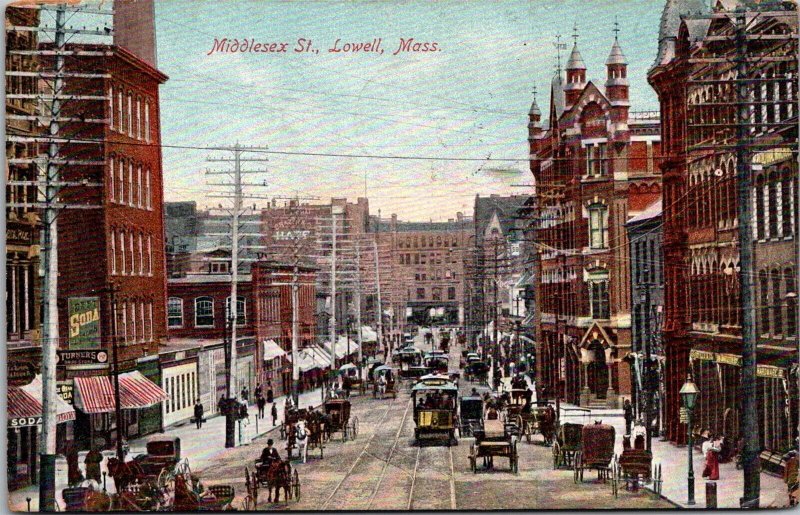 View Looking Down Middlesex Street, Lowell MA c1908 Vintage Postcard R70