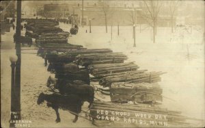 Grand Rapids MN Red Cross Wood Day Horse Sleights c1910 Real Photo Postcard