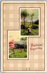 VINTAGE POSTCARD BIRTHDAY GREETINGS GEL-TYPE DOUBLE SCENES c. 1910