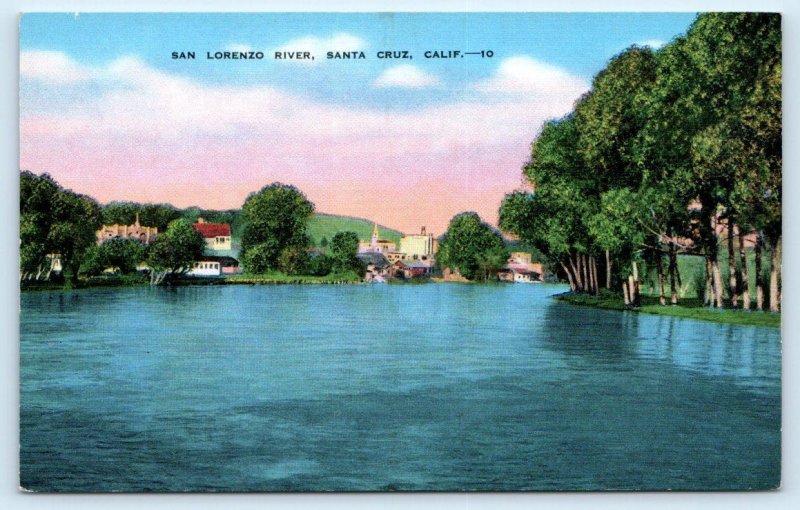 SANTA CRUZ, CA California ~ CITY From SAN LORENZO RIVER c1940s Linen Postcard