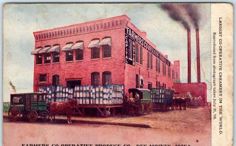 1908 Des Moines, IA Farmers Co-Operative Produce Dairy Advertising Postcard A42