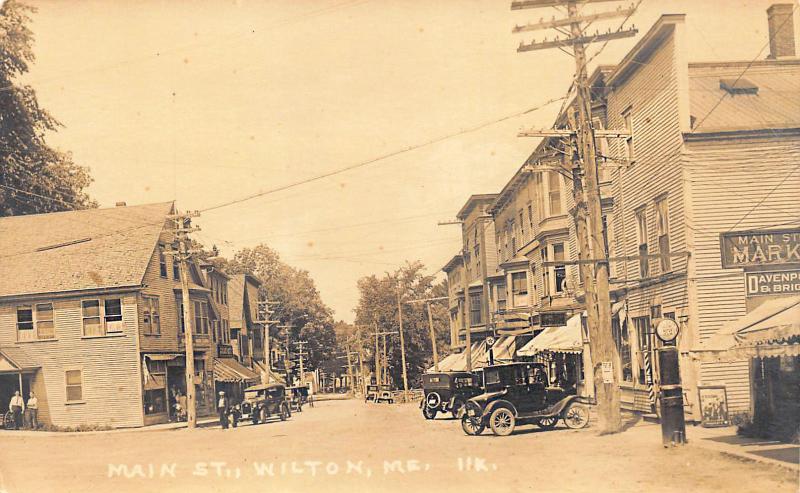 Wilton ME Main Street Storefronts Socony Gas Pump Old Cars RPPC