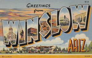 WINSLOW Arizona Large Letter Linen Greetings Route 66 c1940s Vintage Postcard