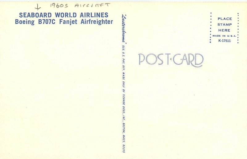1960ss aircraft Seaboard World Airlines Boeing B707C Fanjet Postcard 24-11655