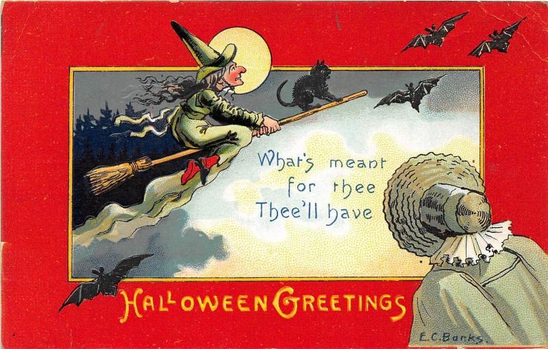 E14/ Halloween Holiday Postcard 1912 E.C. Banks Signed Witch Cat Bats 29