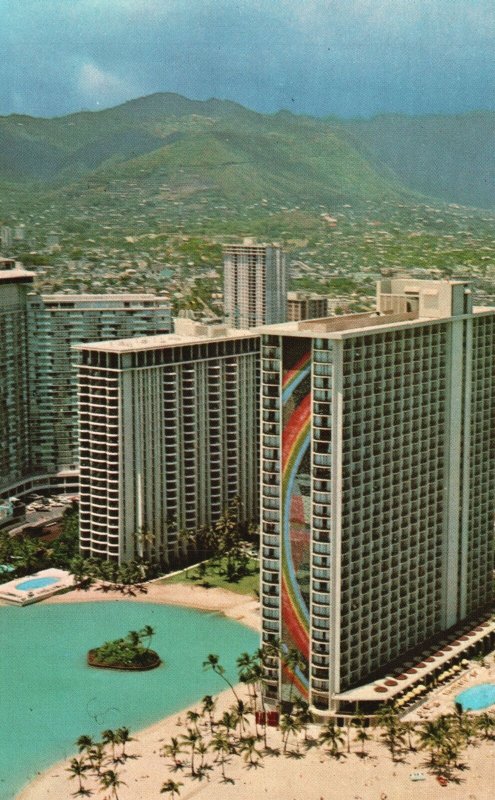 Vintage Postcard The Rainbow Tower Beside The Lagoon Hilton Hawaiian Village HI