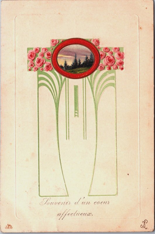 Art Nouveau Landscape Souvenir d'un Coeur Affectueux Embossed Postcard C139