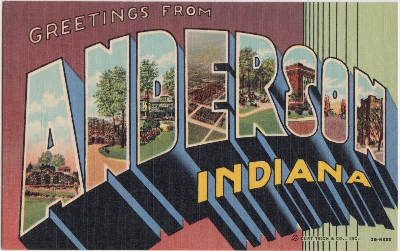 Indiana In Postcard ANDERSON Linen LARGE LETTER GREETING Curt Teich
