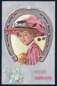 Heartiest Congratulations Lady Hat Horse Shoe used c1909