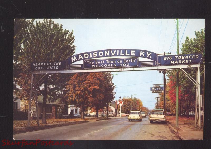 MADISONVILLE KENTUCKY DOWNTOWN WELCOME ARCH 1960's CARS VINTAGE POSTCARD