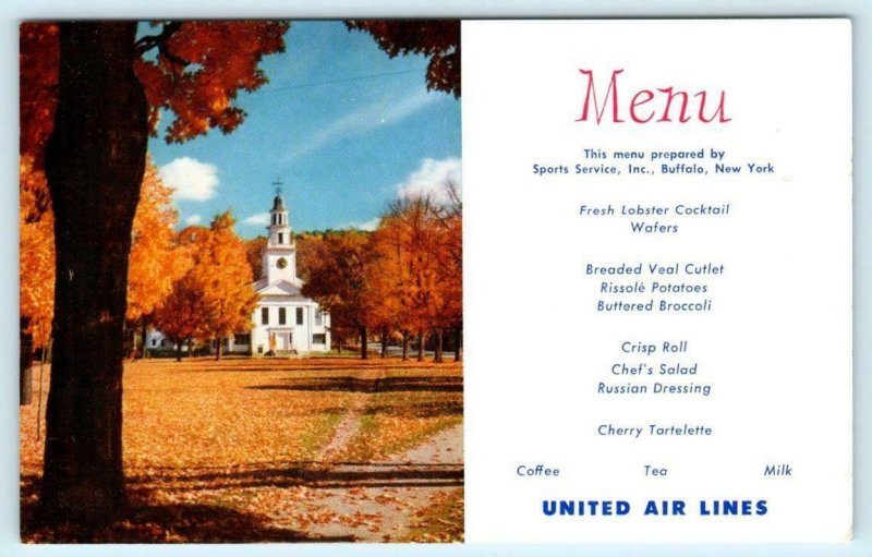 UNITED AIR LINES MENU Advertising FALL NEW ENGLAND Sports Service, Inc. Postcard