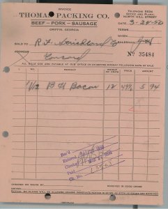 1950 Thomas Packing Co. Griffin GA Beef-Pork-Sausage Invoice for Bacon 140 