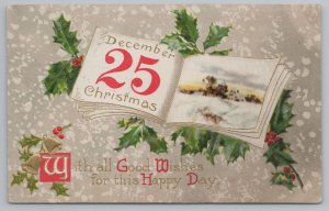 Christmas~Calendar~Church Scene~Gold Bells~Holly Berries~Vintage Postcard 