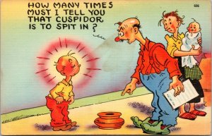 Postcard Comic Boy uses spittoon as toilet - That cuspidor is to spit in