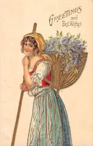 Best Wishes Greetings Country Girl Flower Basket Antique Postcard K36027