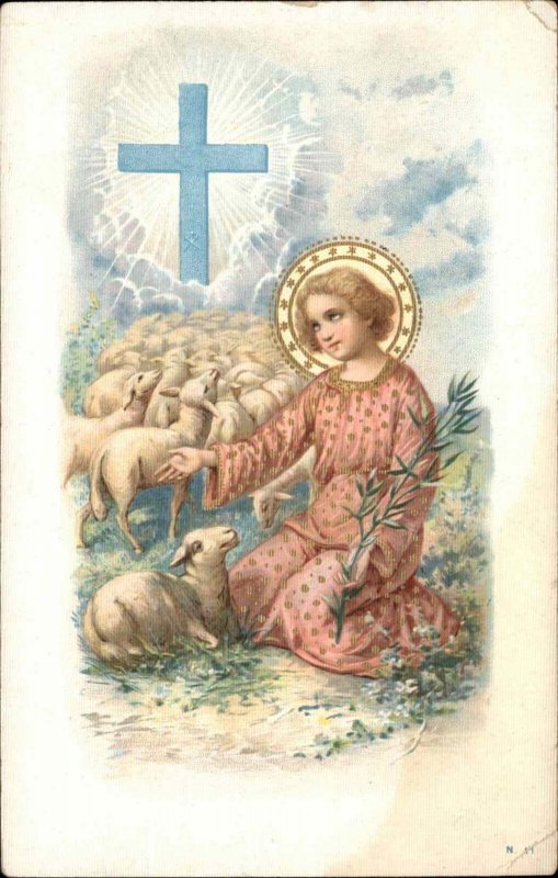 Easter Pretty Little Girl Angel with Lambs Textured Background c1910 Postcard 