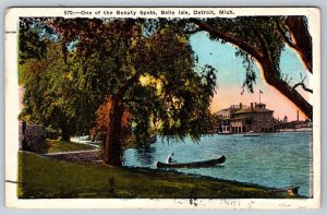 Canoeing Belle Isle Park Detroit MI, 1930 Postcard, Postal Service Slogan Cancel