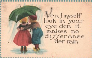 Vintage Postcard 1910's Little Lovers Umbrella Walking in the Rain Sweet Romance