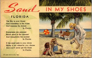 Vtg 1940's Sand In My Shoes Poem Woman Kids Beach Florida FL Linen Postcard
