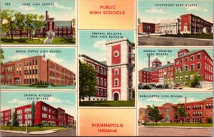 Linen Postcard Multiple Views of the Public High Schools in Indianapolis Indiana