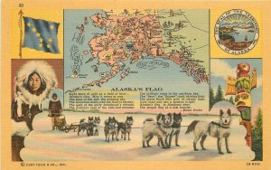 Postcard 1940s Booster Map Dog Team Flag Alaska Teich 23-3641
