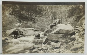 Real Photo Older Gentleman Perched on Rocks Above Falls South Fork Postcard P11
