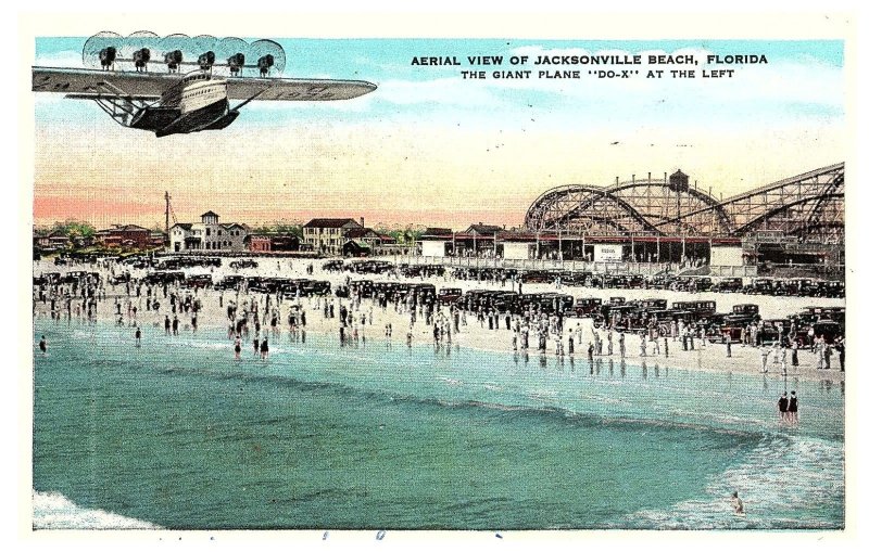 Giant Plane Do X over Jacksonville Beach FL Airplane Postcard Posted 1934