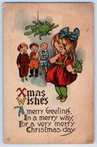 1920 Christmas Greeting Children Girl Fan Mistletoe Antique Posted Postcard