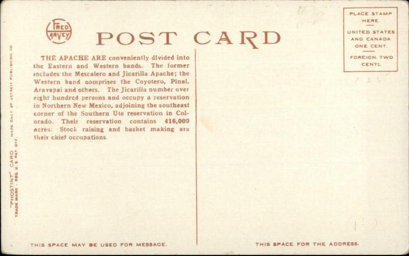 Native American Indian Buffalo Calf Jicarilla Apache Fred Harvey Postcard
