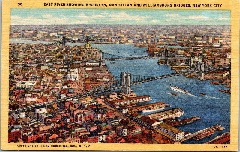 Vtg East River Brooklyn Manhattan Williamsburg Bridges New York City NY Postcard