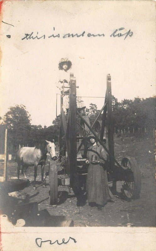 Real Photo Postcard~Edith & I~My Pony~Paint Jacks Well Drill~Sunbonnet~1908 RPPC 