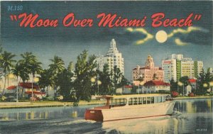 Autos Waterfront Boat Moon Miami Beach Florida Gulf Teich 1950s Postcard 7050