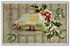1913 Christmas Greetings Holly Berries Mistletoe House Boat Napoleon OH Postcard