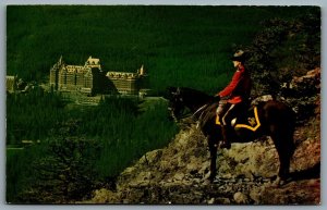Postcard Banff AB c1960s Banff Springs Hotel Royal Canadian Mounted Police Horse