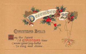 Christmas~Dec 25 Banner~Spirit of Xmas~Joy Bells Chime~Tan Back~Meisner Buch
