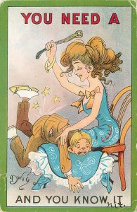 Postcard S/A Dwig Woman Spanks Boy on Her Lap You Need a Spanking S 375